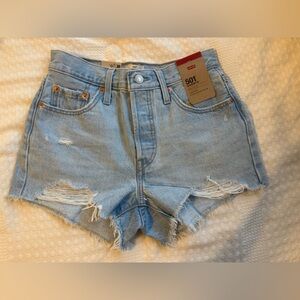 Levi's Light Blue Distressed High-Rise Denim Shorts